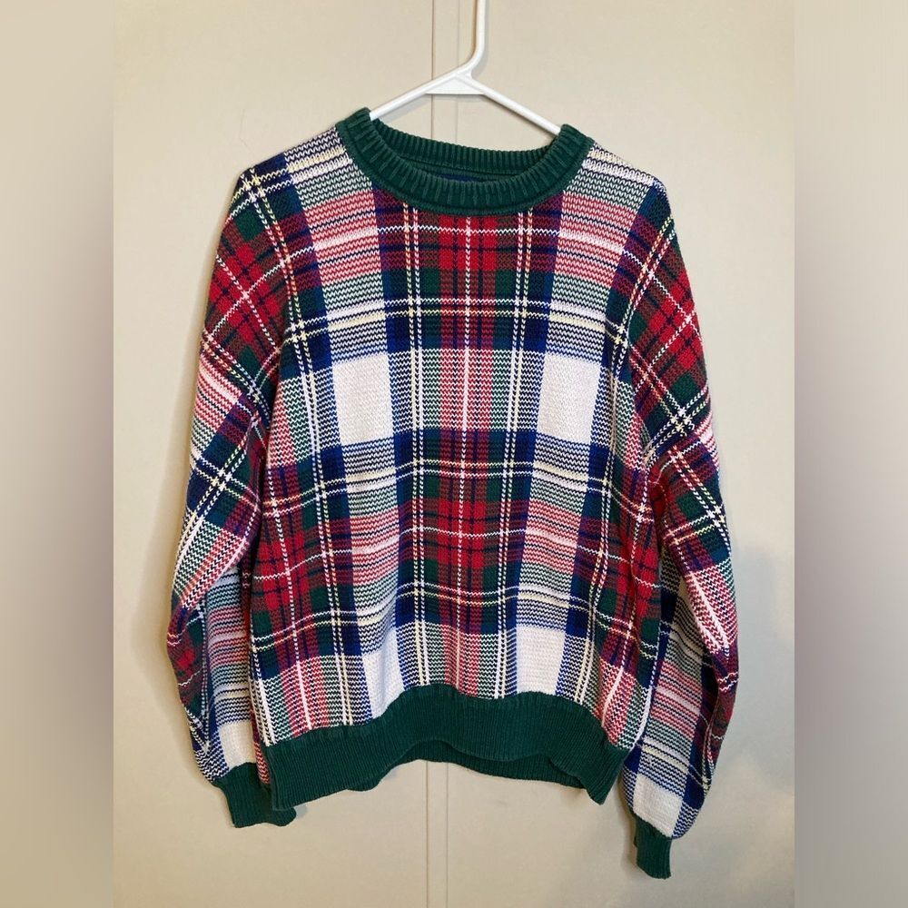 Vintage 90s Gant Buffalo Plaid Sweater Men's L Chunky Knit Red Green Jumper